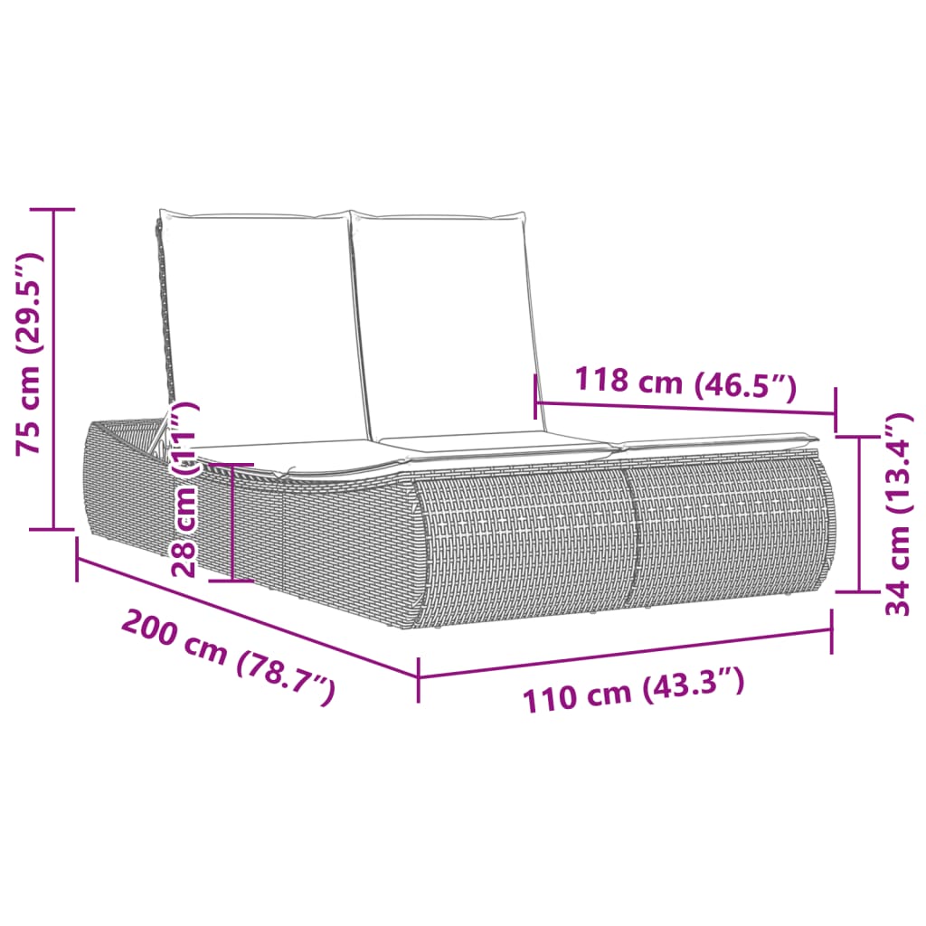 Doppel-Sonnenliege mit Kissen Schwarz Poly Rattan Stilecasa