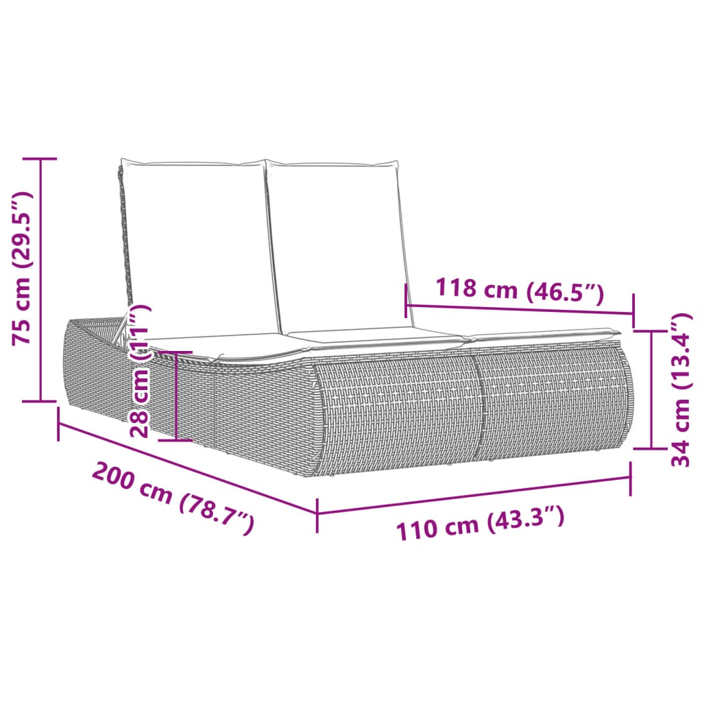 Doppel-Sonnenliege mit Auflagen Braun Poly Rattan Stilecasa