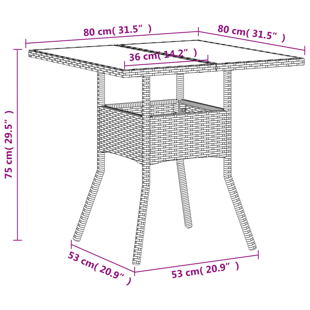 vidaXL Gartentisch mit Glasplatte Weiß 80x80x75 cm Poly Rattan