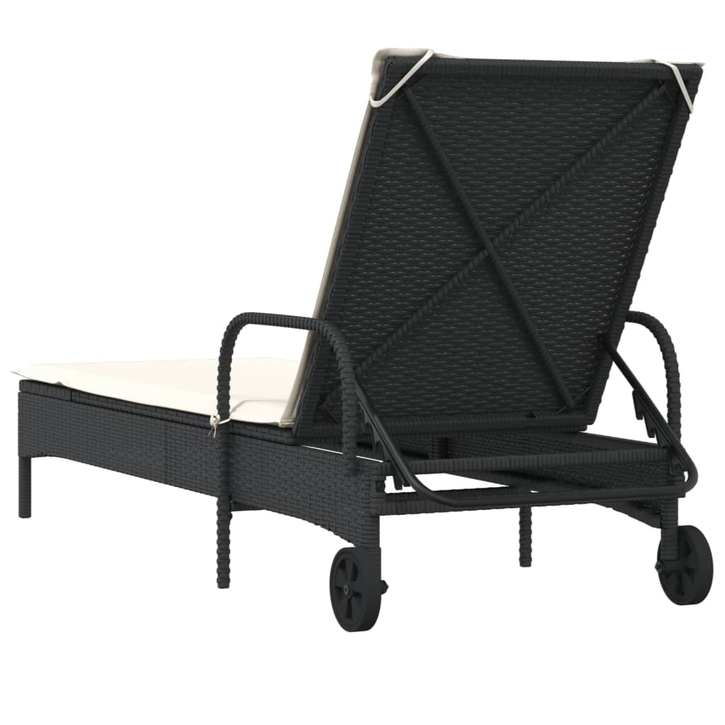 Sonnenliege mit Rollen und Auflage Schwarz Poly Rattan