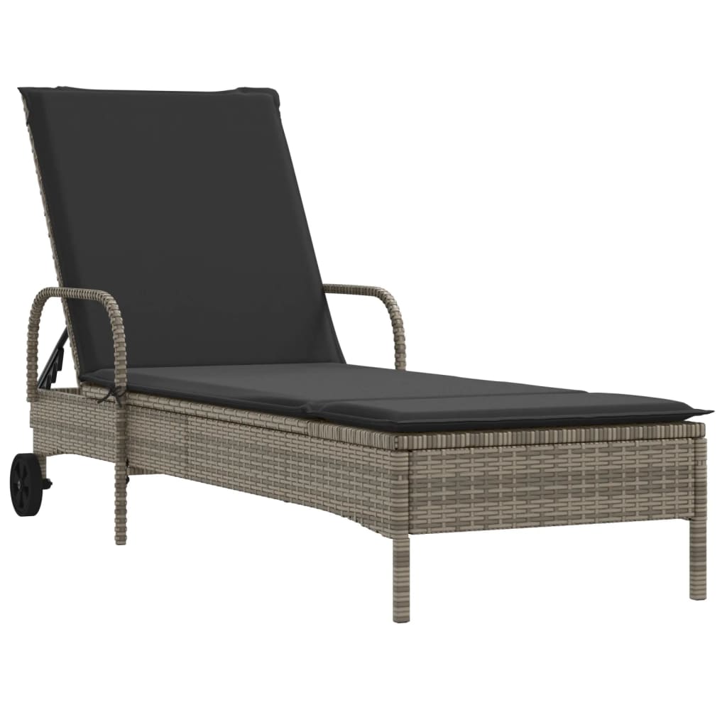 vidaXL Sonnenliege mit Rollen und Auflage Grau Poly Rattan