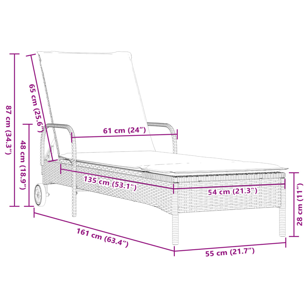 vidaXL Sonnenliege mit Rollen und Auflage Grau Poly Rattan