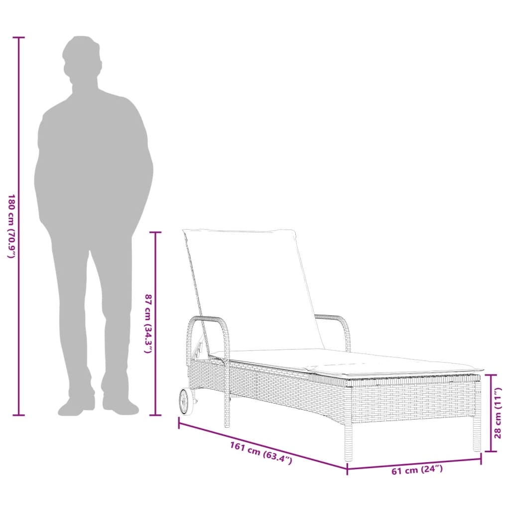 vidaXL Sonnenliege mit Rollen und Auflage Grau Poly Rattan