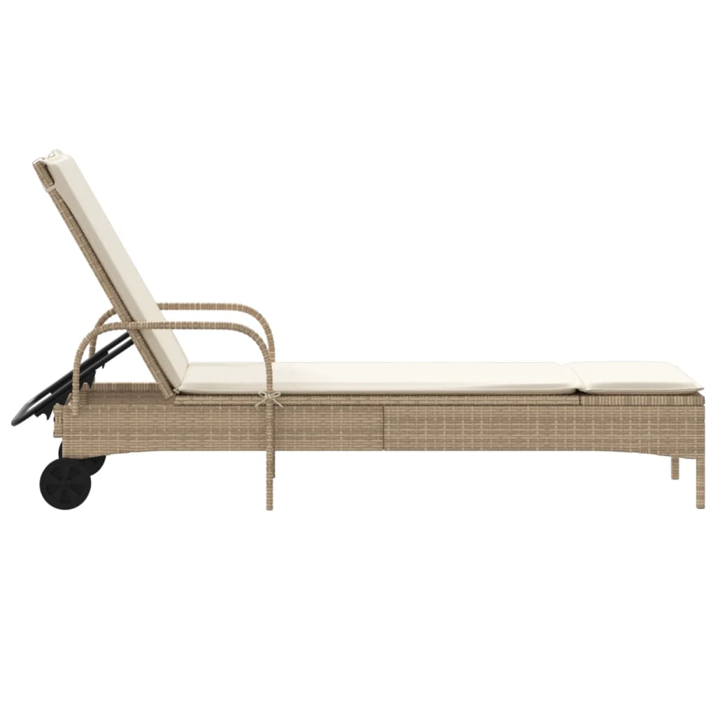 vidaXL Sonnenliege mit Rollen und Auflage Beige Poly Rattan