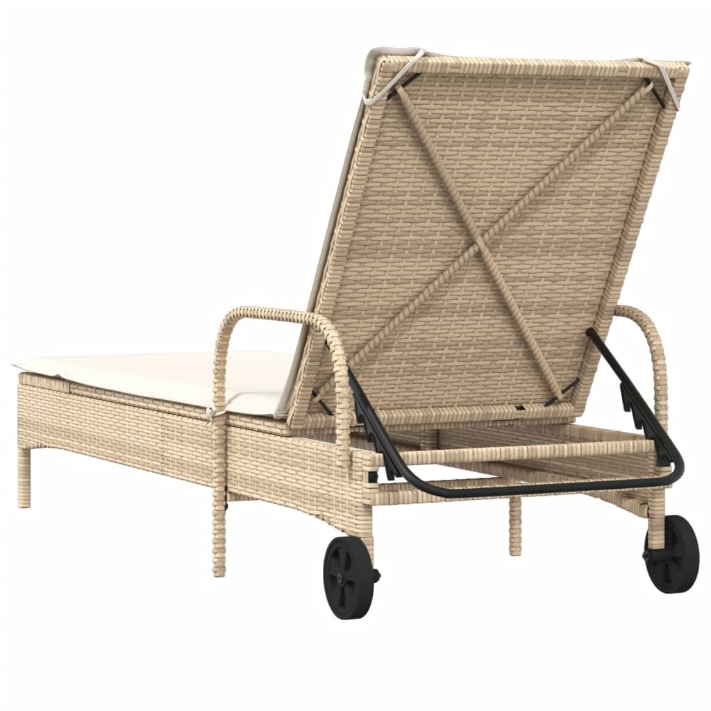 vidaXL Sonnenliege mit Rollen und Auflage Beige Poly Rattan