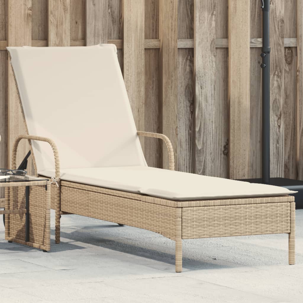 vidaXL Sonnenliege mit Rollen und Auflage Beige Poly Rattan