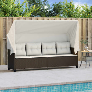 Sonnenliege mit Dach und Kissen Braun Poly Rattan