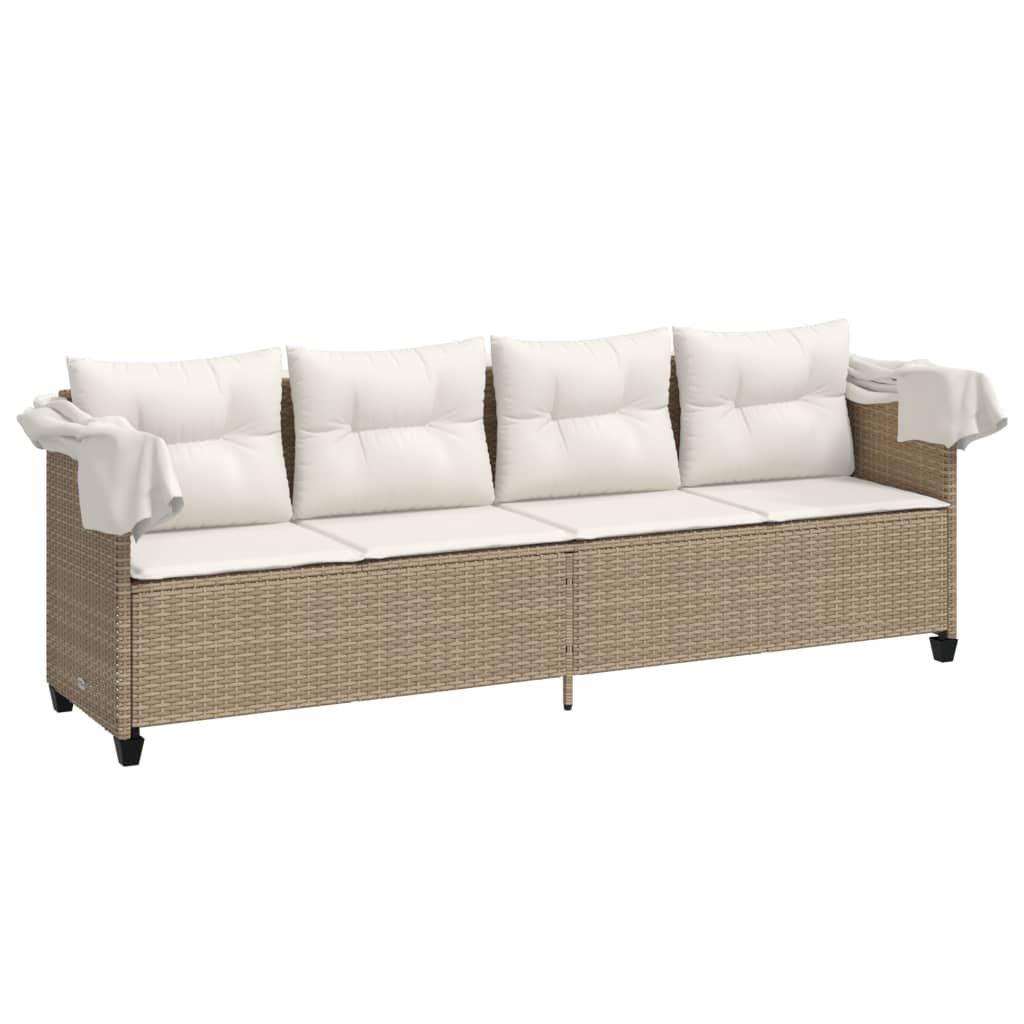 Sonnenliege mit Dach und Kissen Beige Poly Rattan