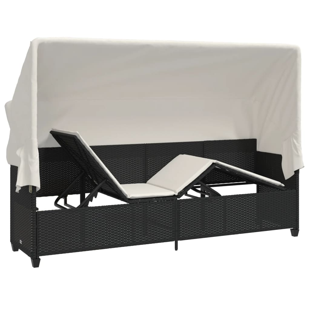 Sonnenliege mit Dach und Kissen Schwarz Poly Rattan