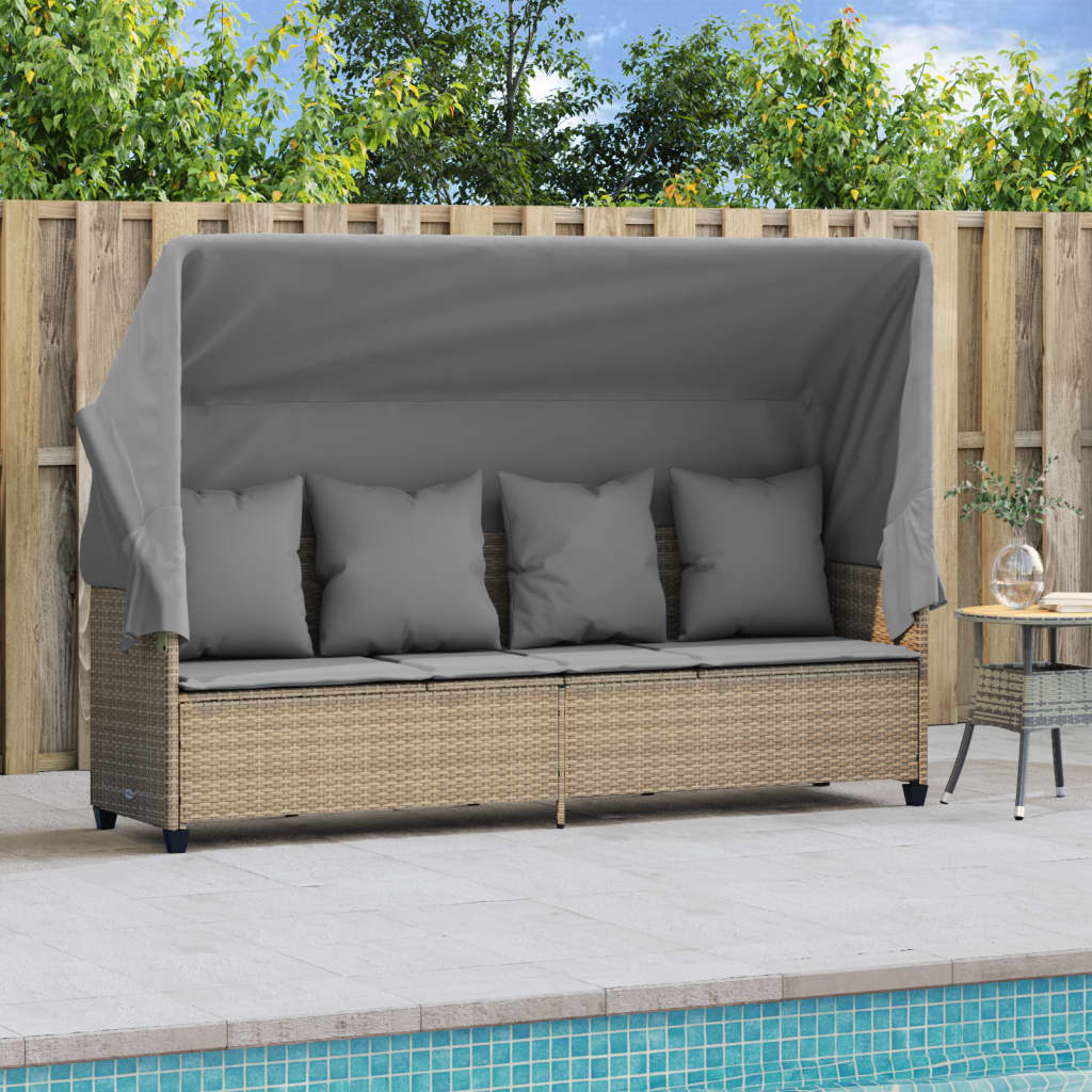 Sonnenliege mit Dach und Kissen Beige Poly Rattan