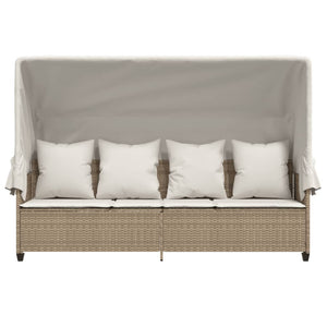 Sonnenliege mit Dach und Kissen Beige Poly Rattan