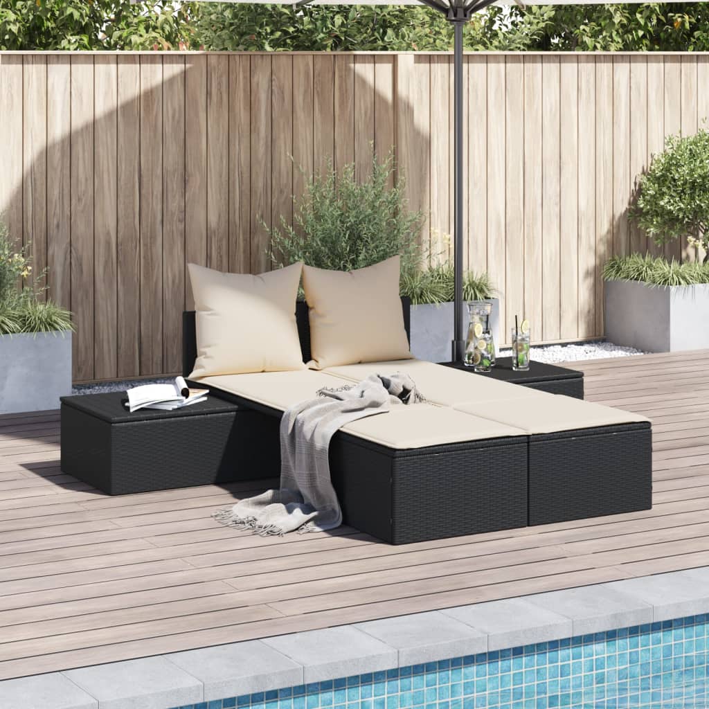 Doppel-Sonnenliege mit Kissen Schwarz Poly Rattan