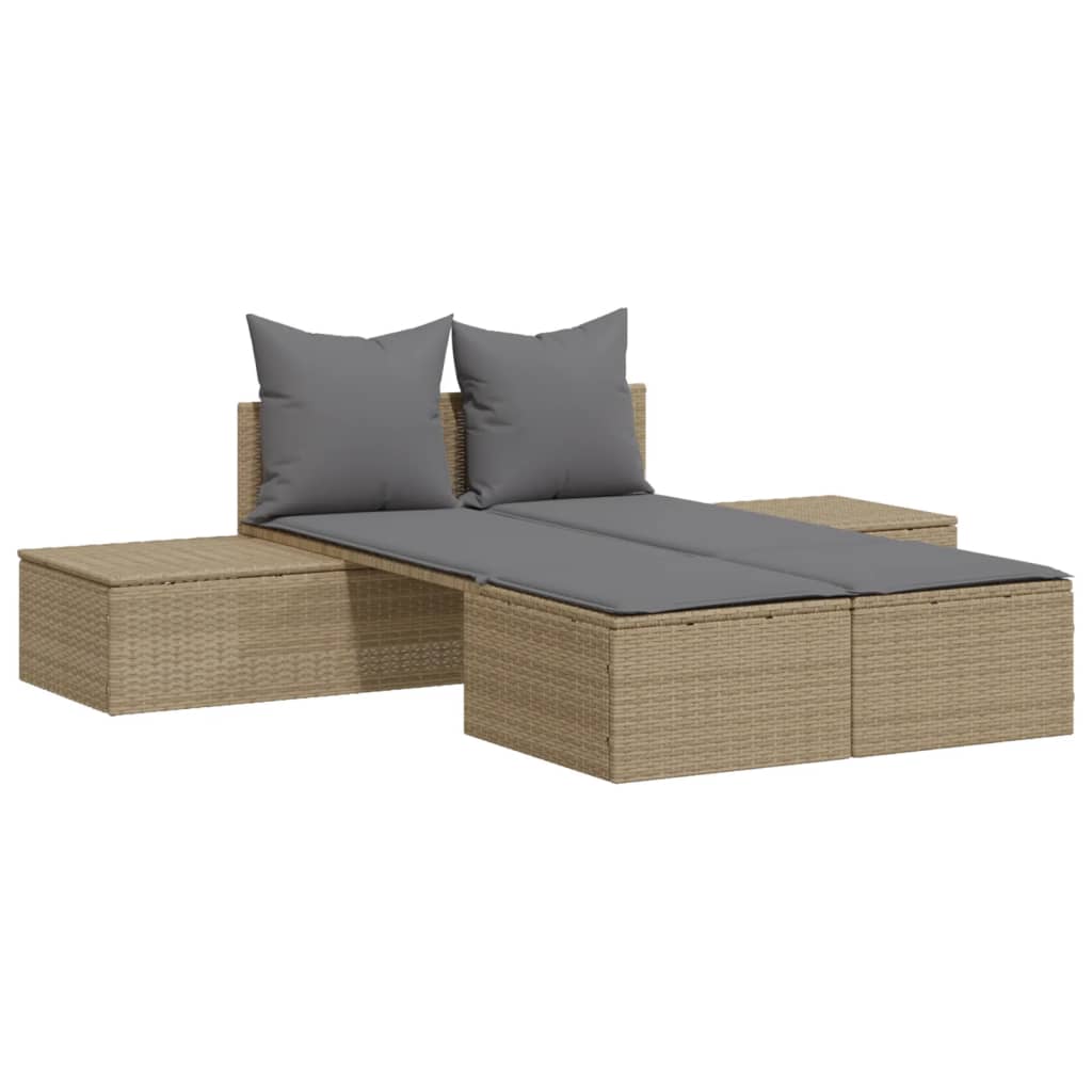 vidaXL Doppel-Sonnenliege mit Auflagen Beige Poly Rattan