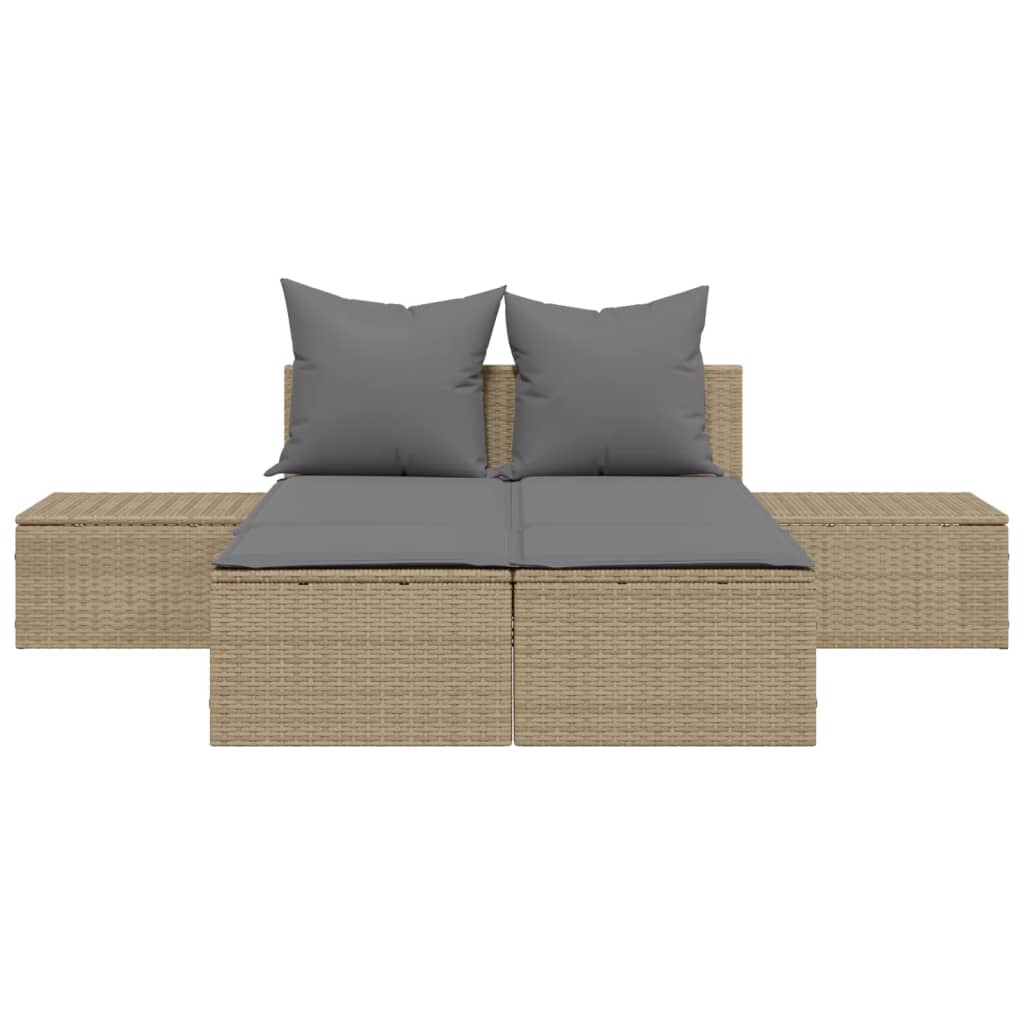 vidaXL Doppel-Sonnenliege mit Auflagen Beige Poly Rattan