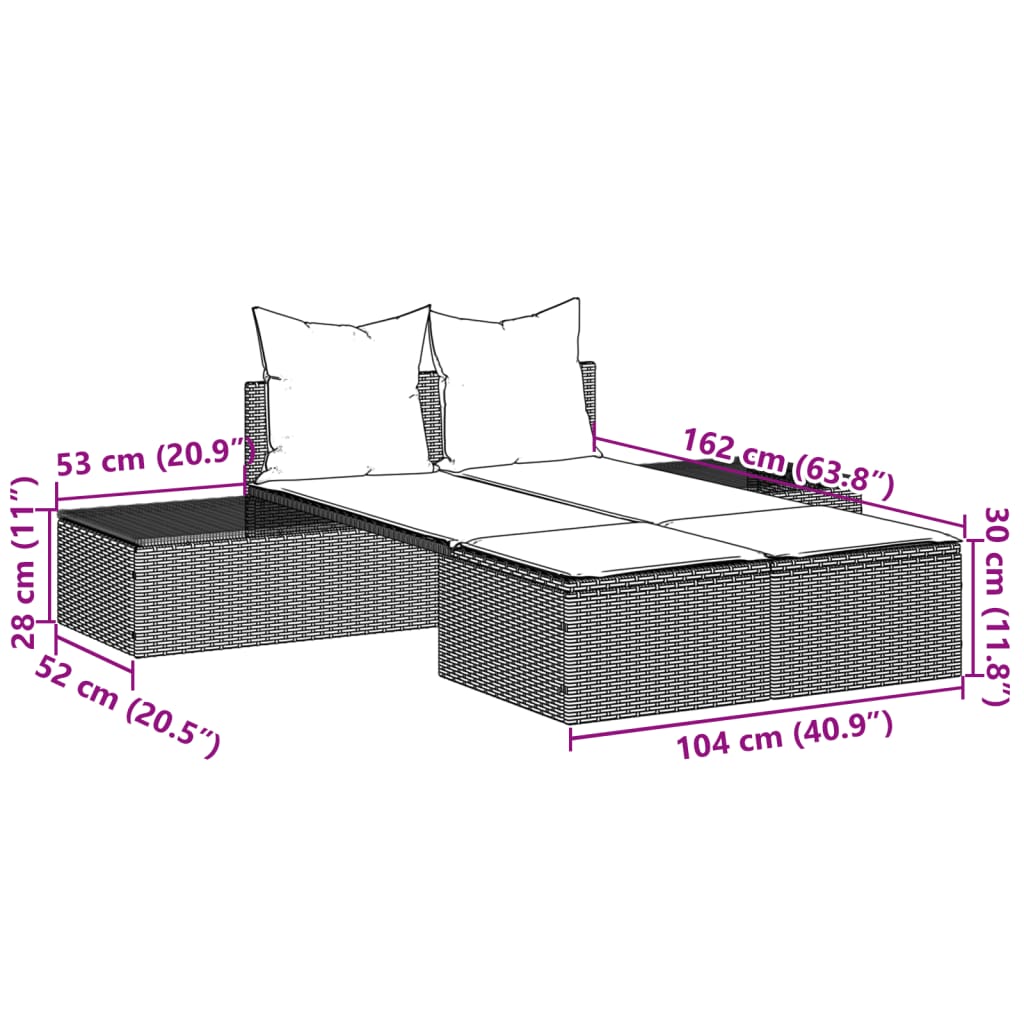 vidaXL Doppel-Sonnenliege mit Auflagen Beige Poly Rattan