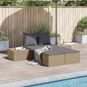 vidaXL Doppel-Sonnenliege mit Auflagen Beige Poly Rattan