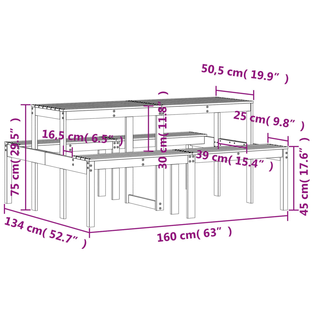 vidaXL Picknicktisch 160x134x75 cm Massivholz Kiefer