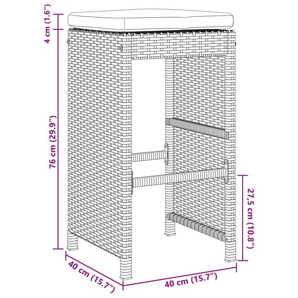 vidaXL Garten-Barhocker mit Kissen 2 Stk. Braun Poly Rattan