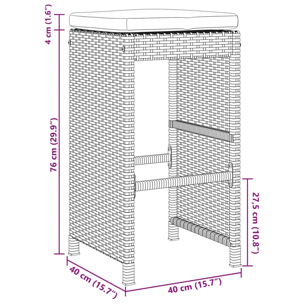 vidaXL Garten-Barhocker mit Kissen 2 Stk. Grau Poly Rattan