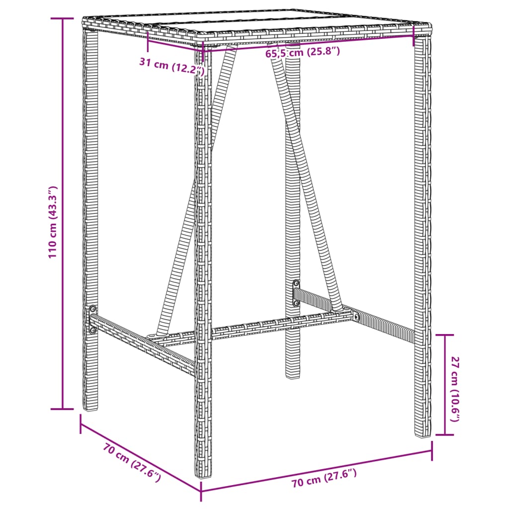 vidaXL Garten-Bartisch Grau 70x70x110 cm Poly Rattan