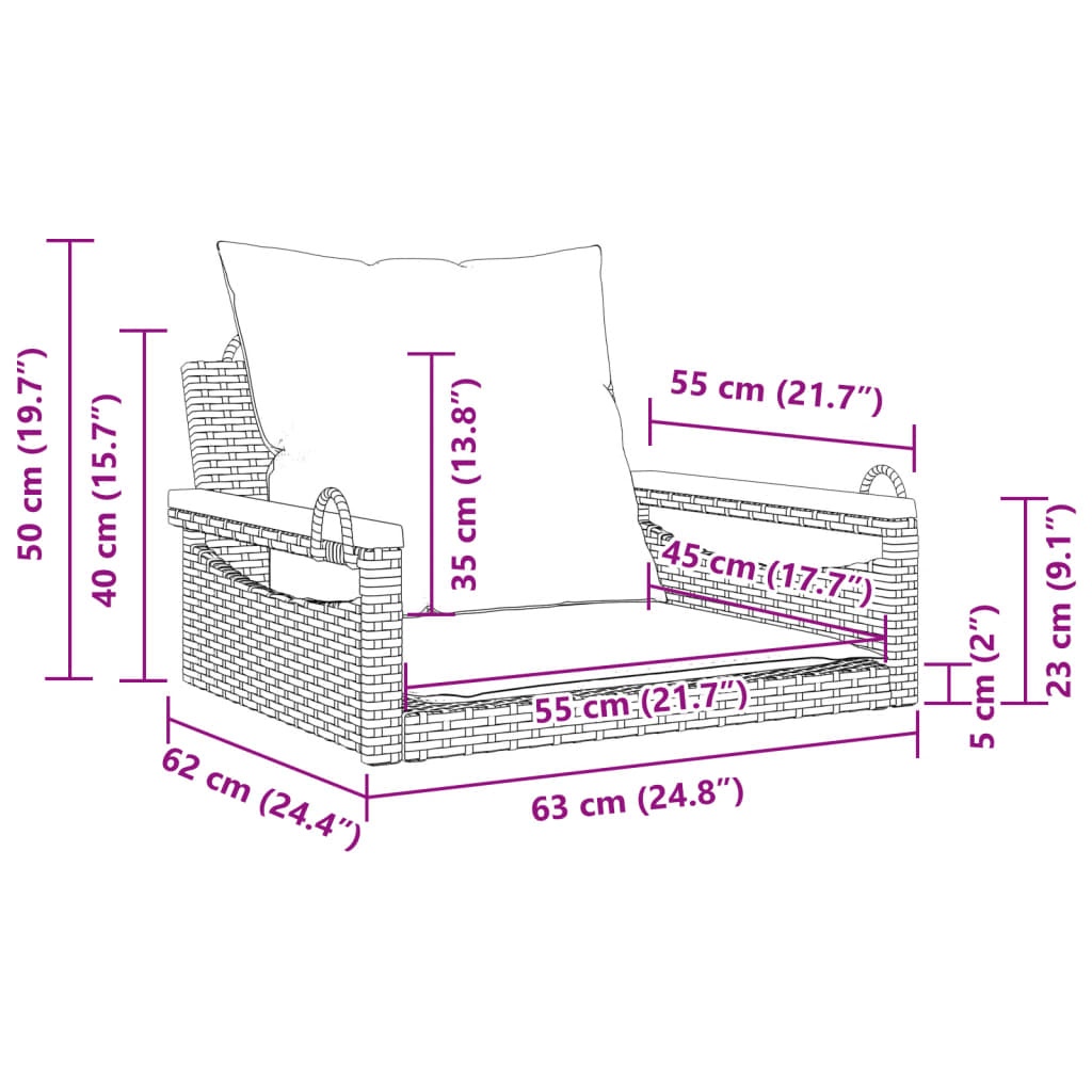 vidaXL Hängesessel mit Kissen Schwarz 63x62x40 cm Poly Rattan