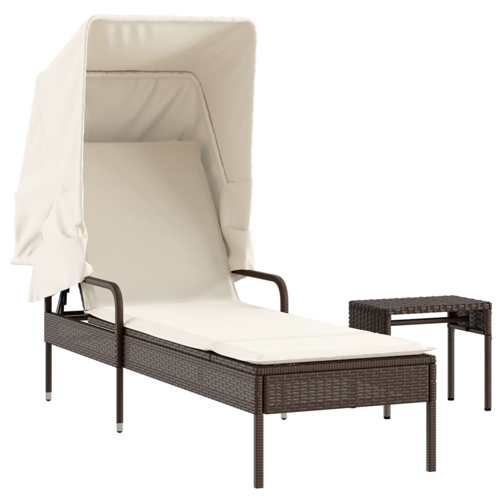 vidaXL Sonnenliege mit Dach und Tisch Braun Poly Rattan