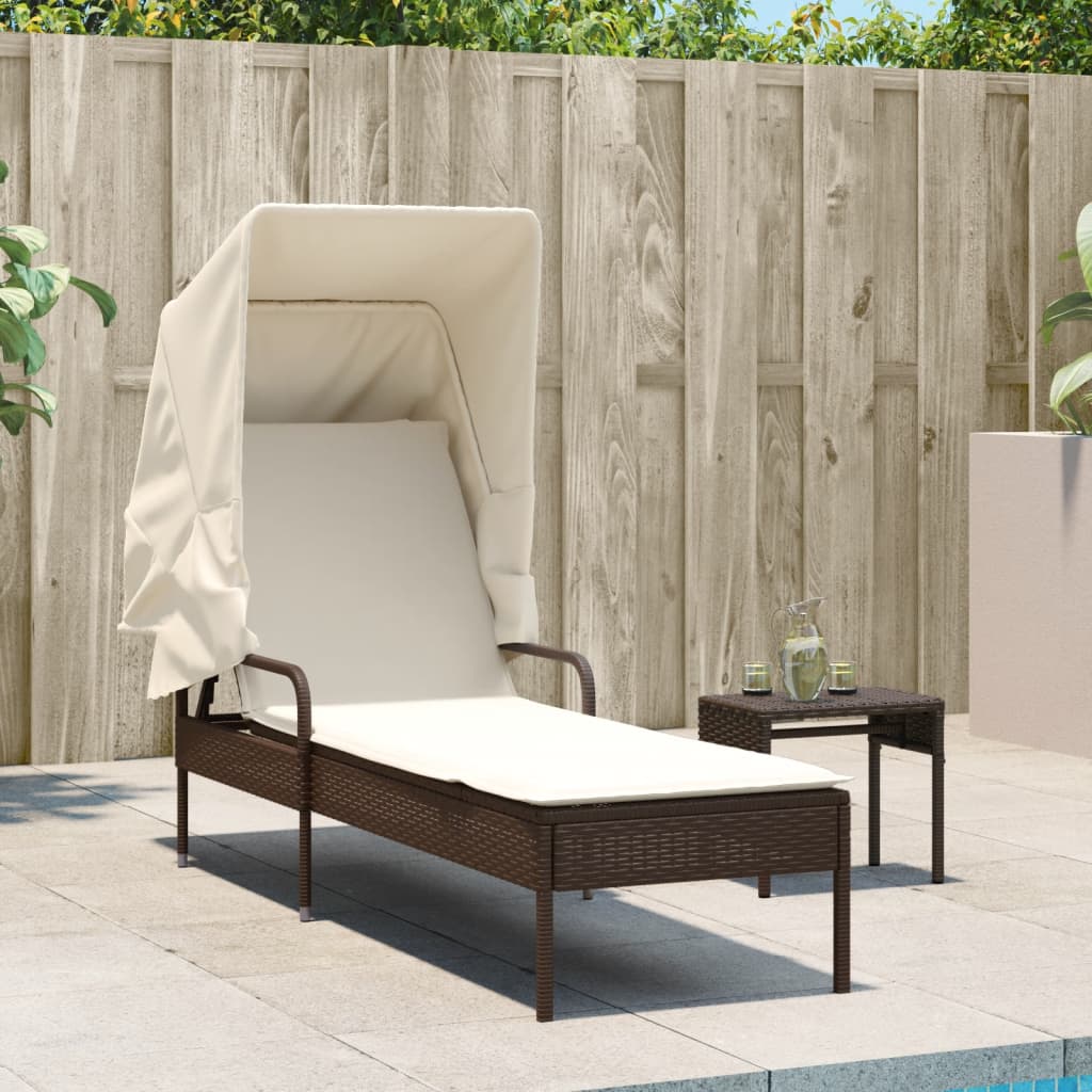 vidaXL Sonnenliege mit Dach und Tisch Braun Poly Rattan