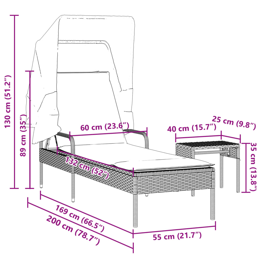 vidaXL Sonnenliege mit Dach und Tisch Braun Poly Rattan