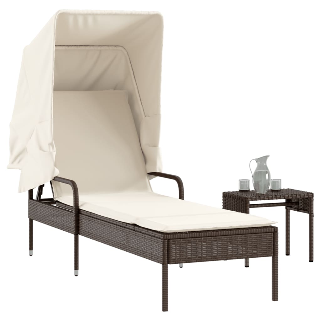 vidaXL Sonnenliege mit Dach und Tisch Braun Poly Rattan