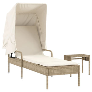 vidaXL Sonnenliege mit Dach und Tisch Beige Poly Rattan