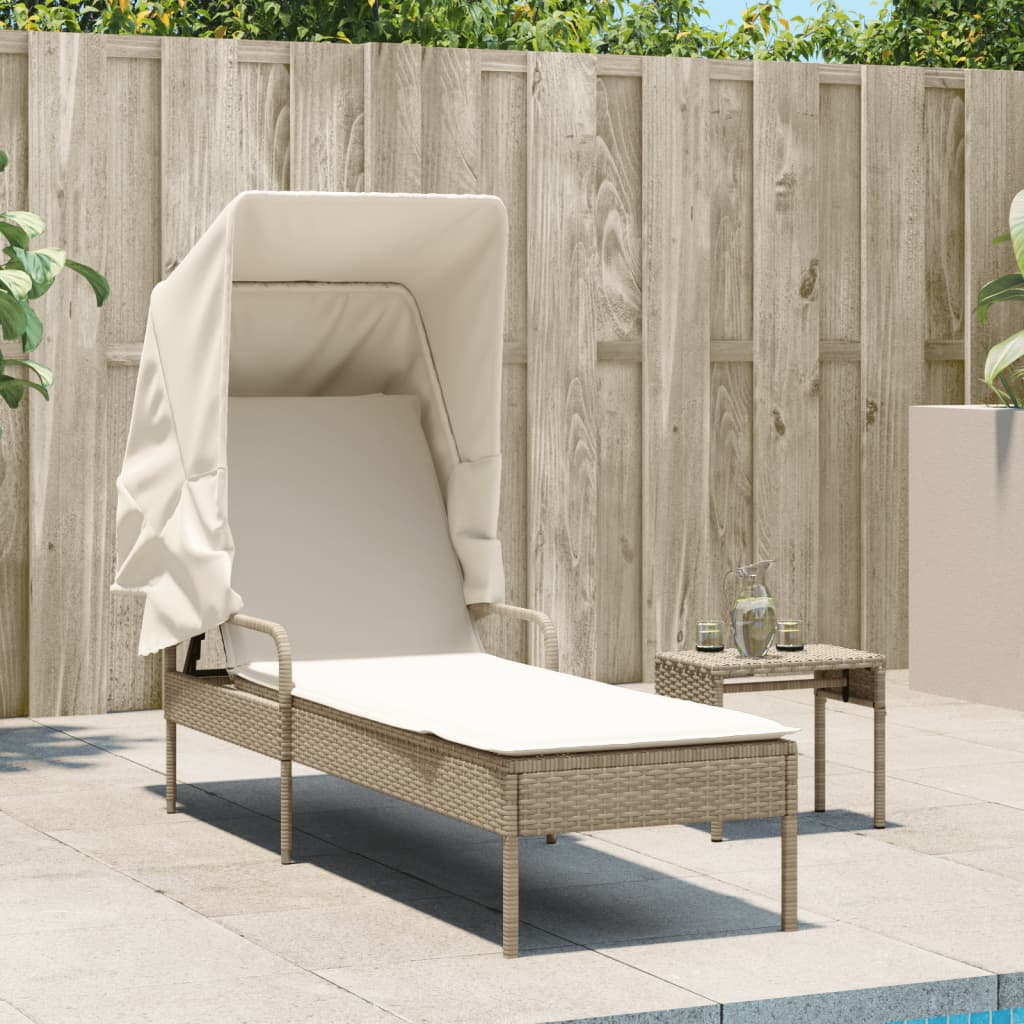 vidaXL Sonnenliege mit Dach und Tisch Beige Poly Rattan