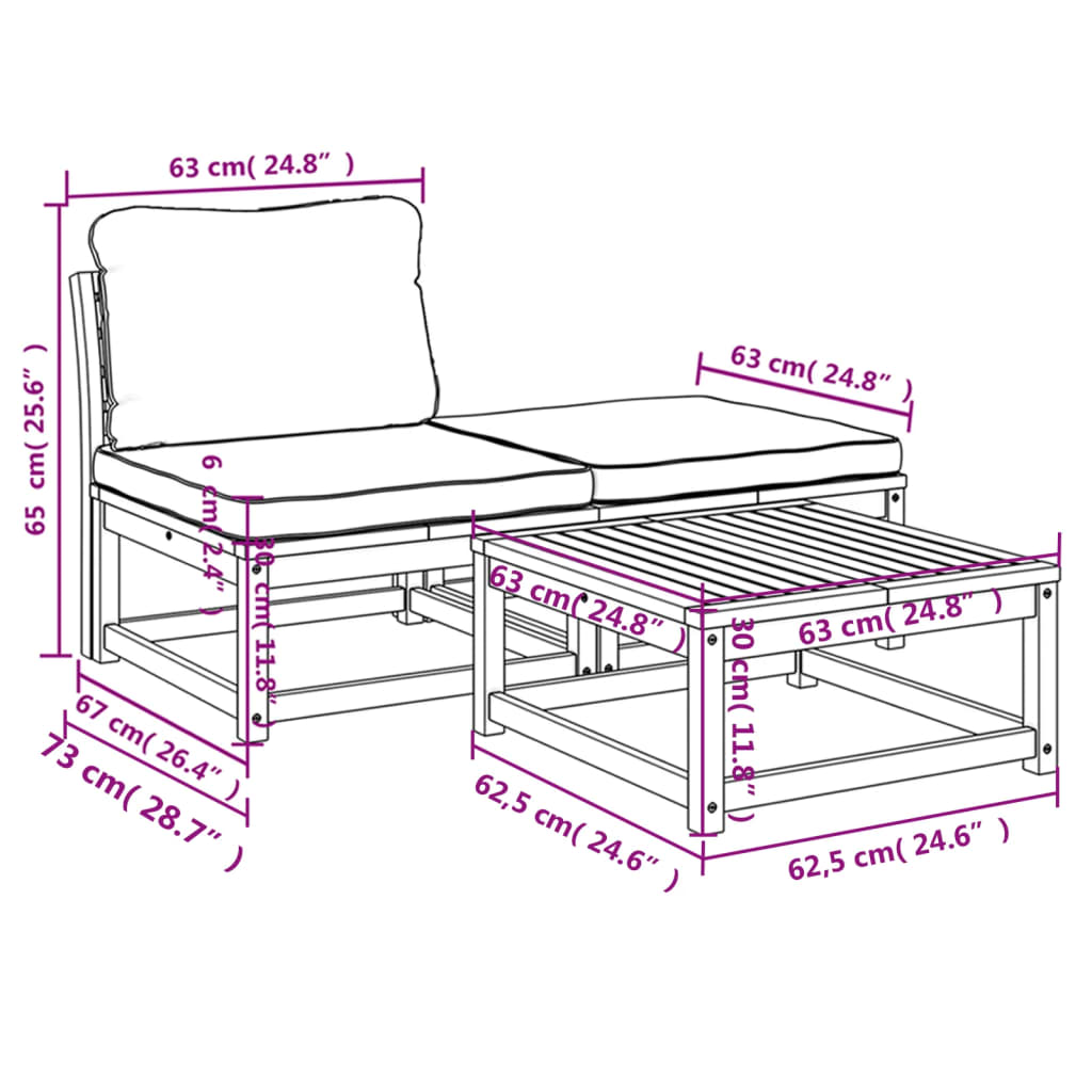 vidaXL 3-tlg. Garten-Lounge-Set mit Kissen Massivholz Akazie