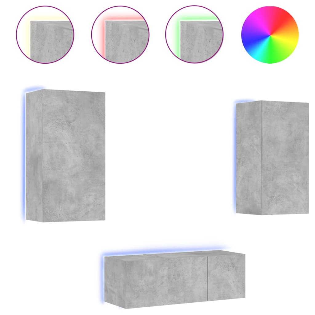 vidaXL 4-tlg. Wohnwand mit LED-Beleuchtung Betongrau Holzwerkstoff