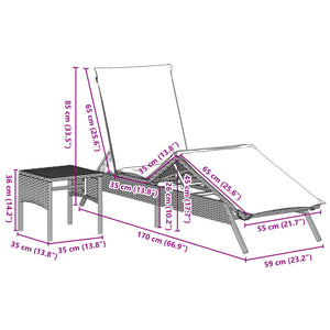 vidaXL Sonnenliegen 2 Stk. mit Tisch Braun Poly Rattan