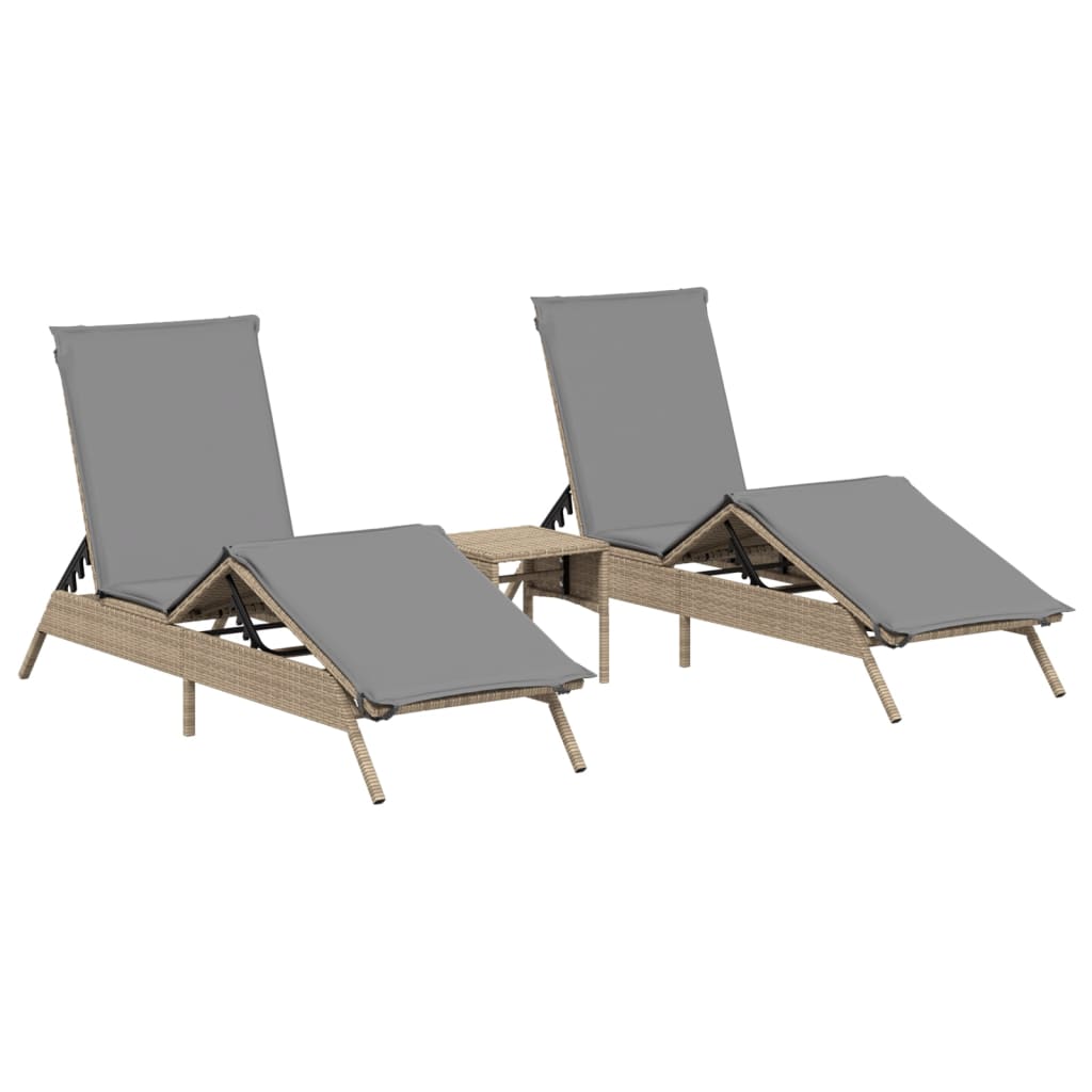 vidaXL Sonnenliegen 2 Stk. mit Tisch Beige Poly Rattan