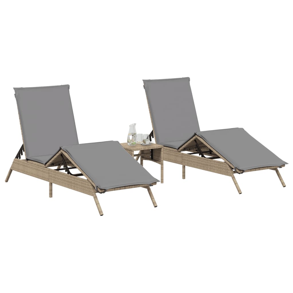 vidaXL Sonnenliegen 2 Stk. mit Tisch Beige Poly Rattan