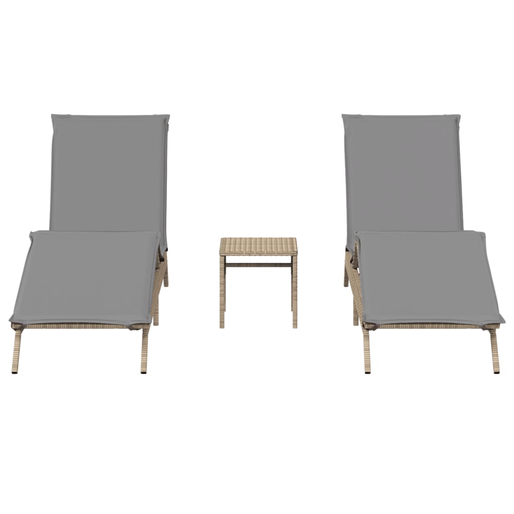 vidaXL Sonnenliegen 2 Stk. mit Tisch Beige Poly Rattan