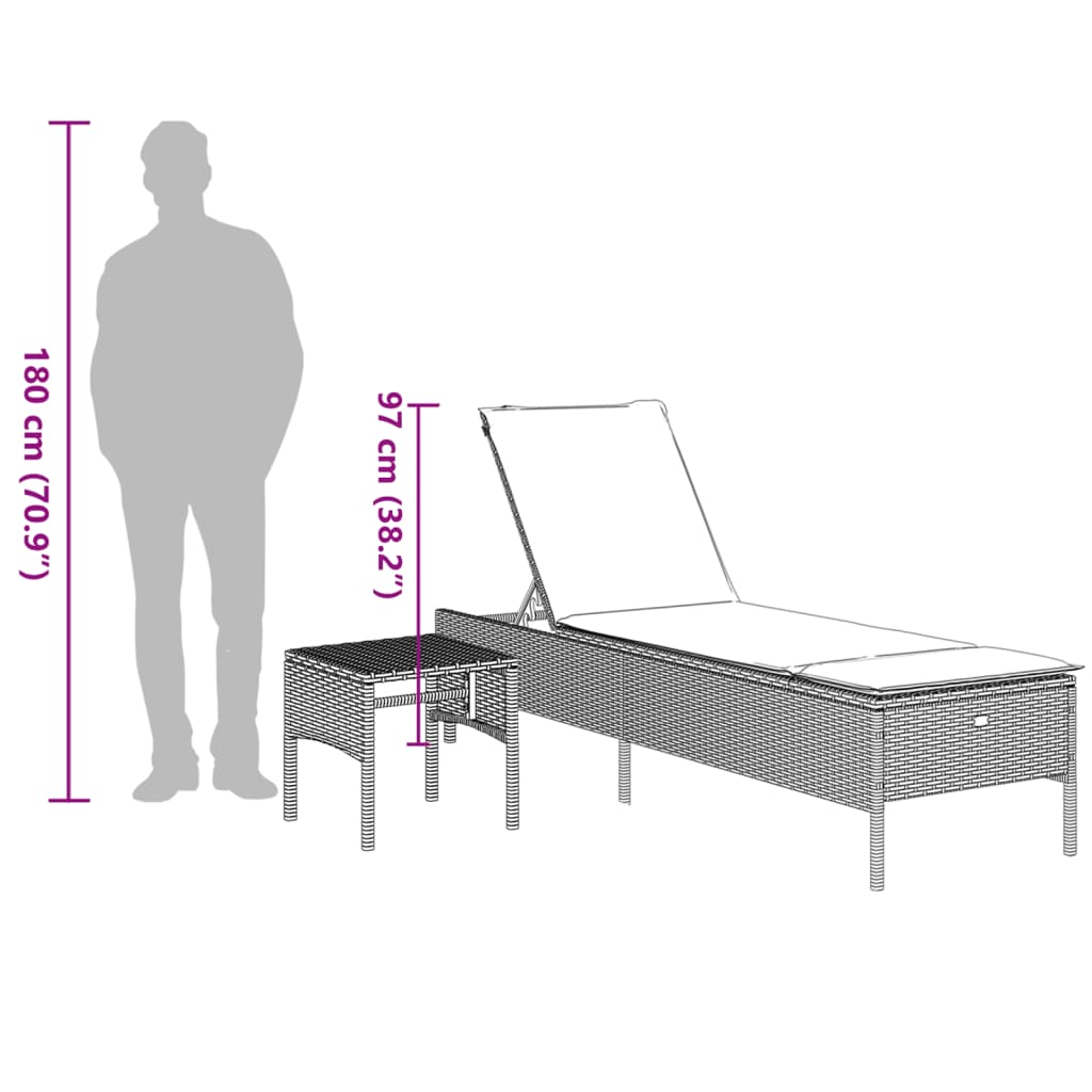 Sonnenliege mit Tisch und Auflage Schwarz Poly-Rattan