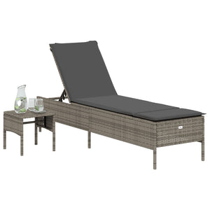 vidaXL Sonnenliege mit Tisch und Auflage Grau Poly Rattan