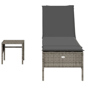 vidaXL Sonnenliege mit Tisch und Auflage Grau Poly Rattan