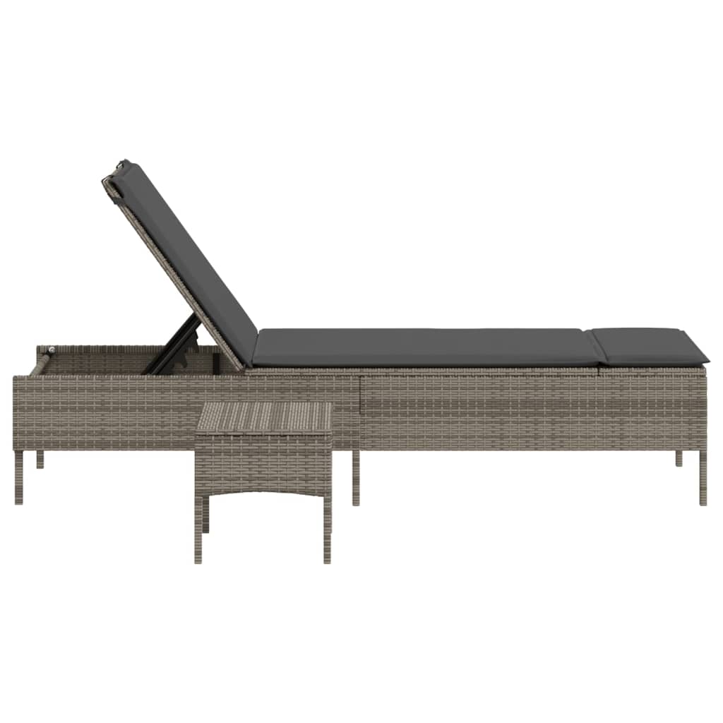 vidaXL Sonnenliege mit Tisch und Auflage Grau Poly Rattan