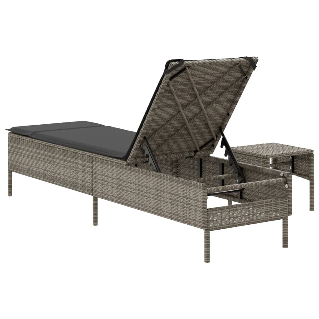 vidaXL Sonnenliege mit Tisch und Auflage Grau Poly Rattan