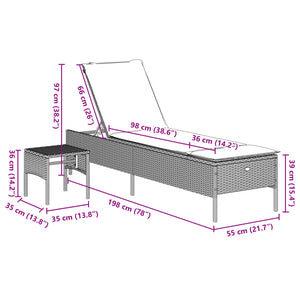 vidaXL Sonnenliege mit Tisch und Auflage Grau Poly Rattan