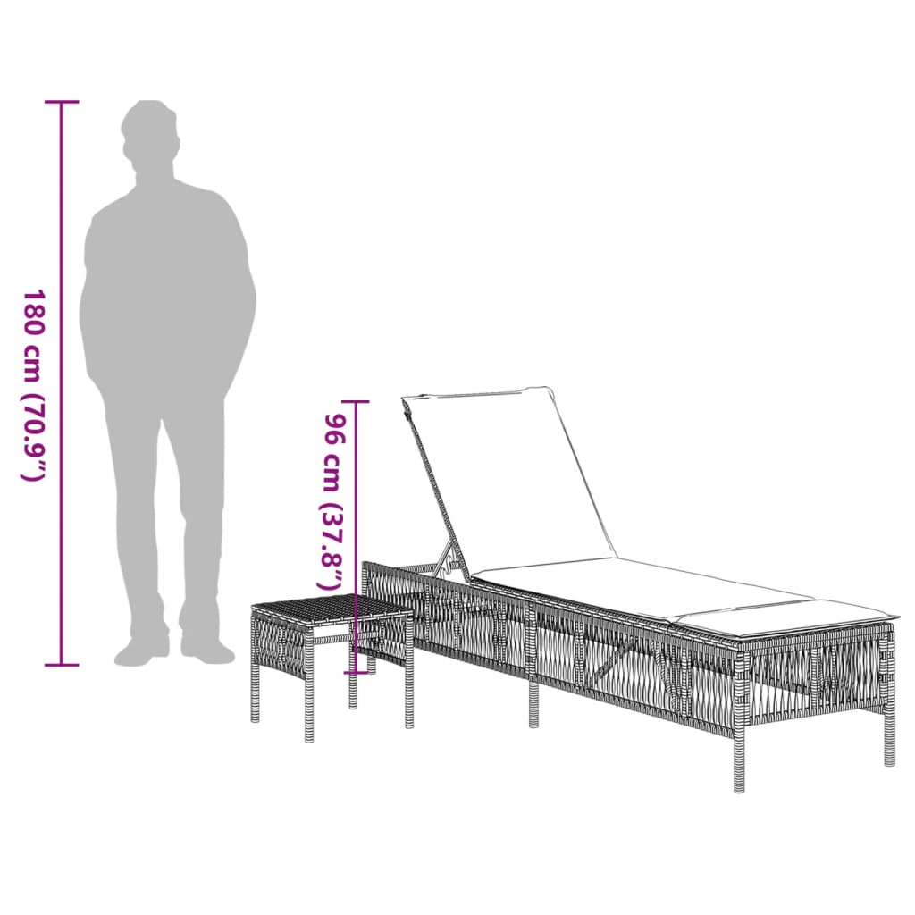 Sonnenliegen 2 Stk. mit Tisch Braun Poly Rattan