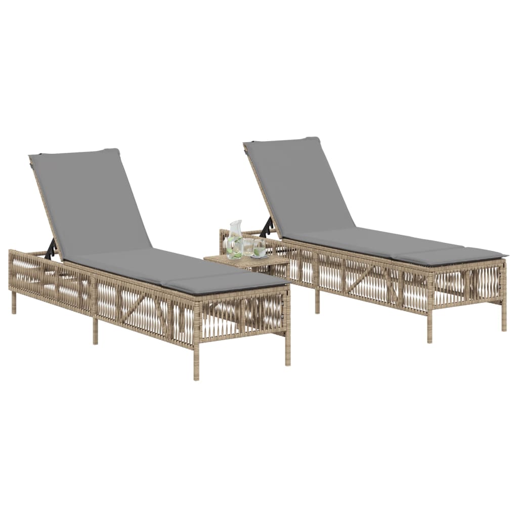 vidaXL Sonnenliegen 2 Stk. mit Tisch Beige Poly Rattan