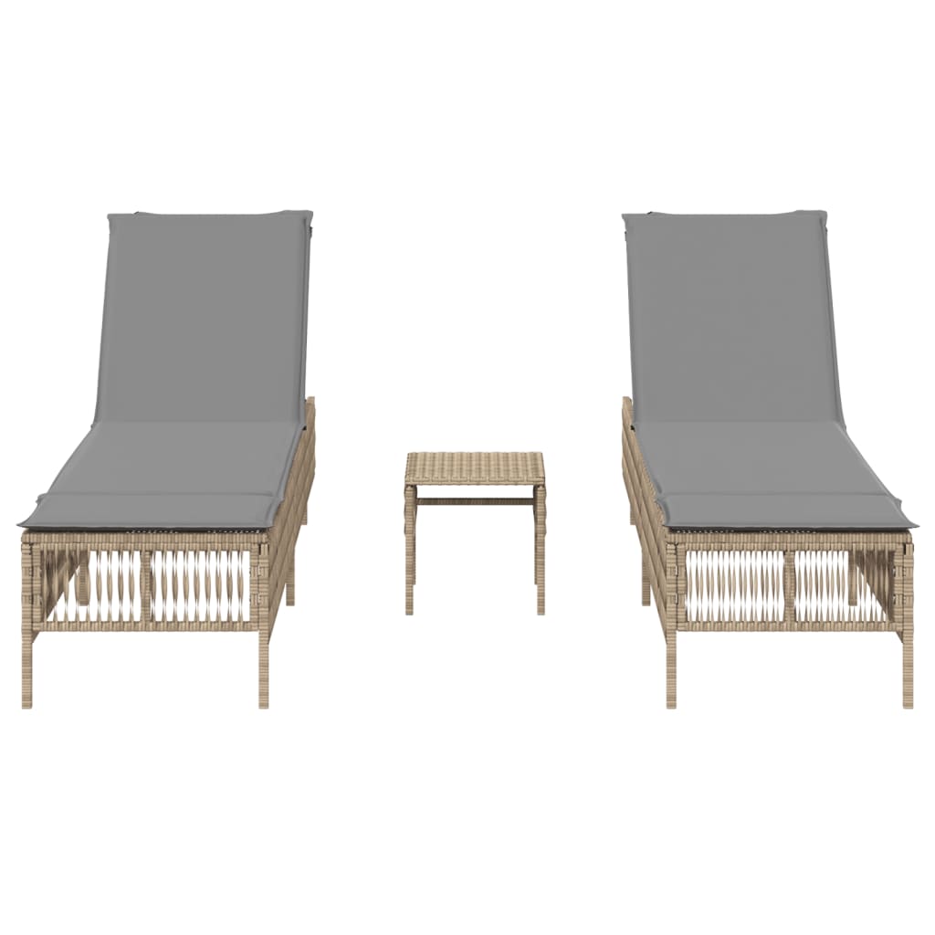 vidaXL Sonnenliegen 2 Stk. mit Tisch Beige Poly Rattan