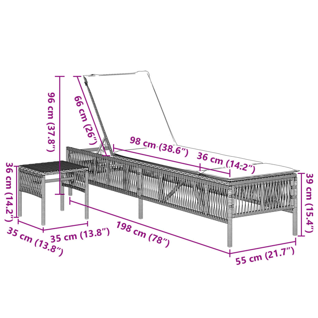 vidaXL Sonnenliegen 2 Stk. mit Tisch Beige Poly Rattan