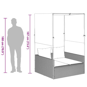 Doppel-Sonnenliege mit Dach und Vorhängen Braun Poly Rattan