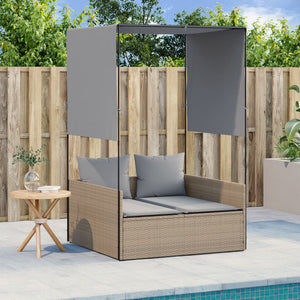 vidaXL Doppel-Sonnenliege mit Dach und Vorhängen Beige Poly Rattan