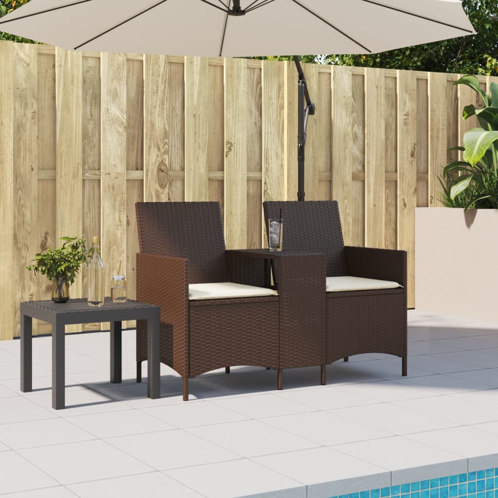 vidaXL Gartensofa 2-Sitzer mit Tisch und Kissen Braun Poly Rattan